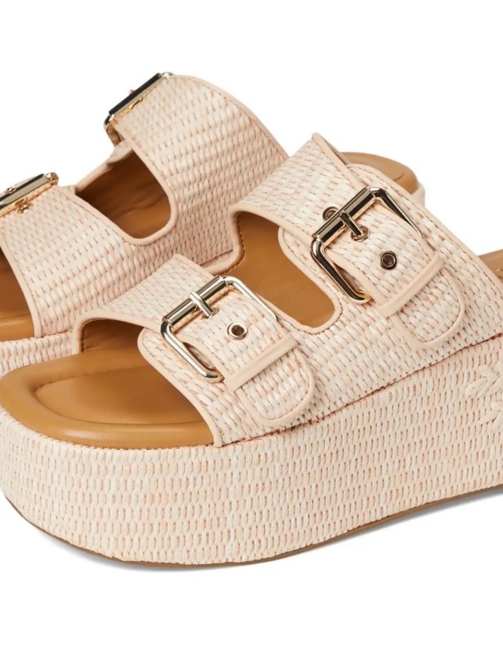 Marc Fisher Woven Double-Buckle Platform Slides in Light Beige Retail $150